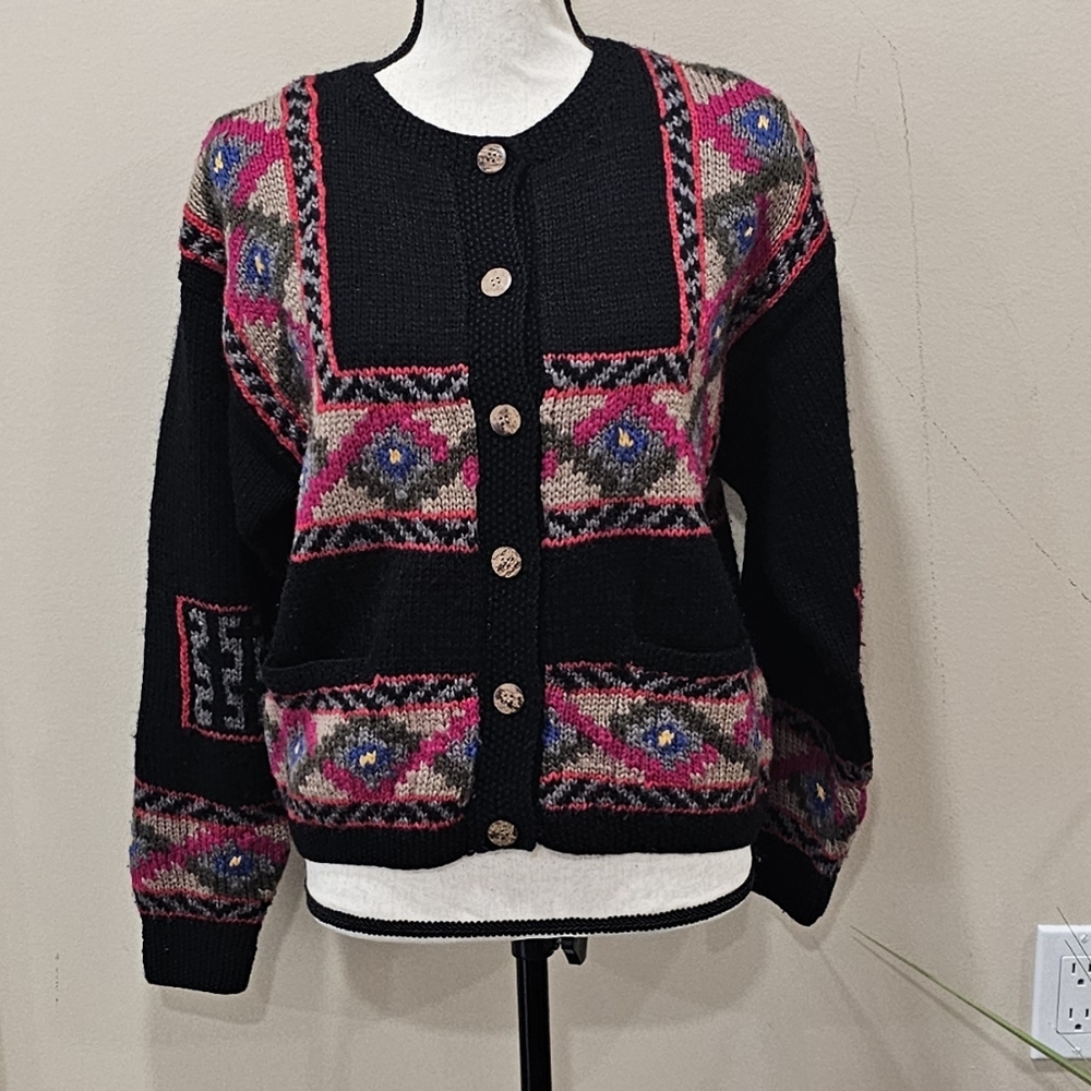 L.L. Bean Vintage 90's Wool  Norwegian Icelandic Design Cardigan Sweater - Picture 2 of 6